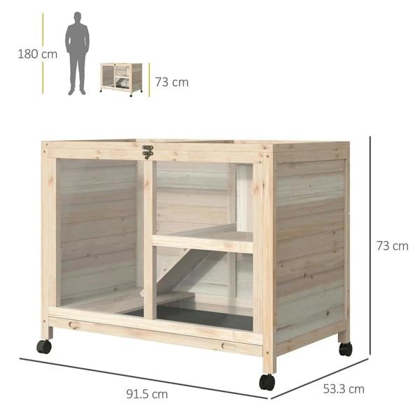 Two-tier wooden hutch with open front, ramp, and caster wheels, front view