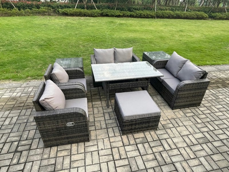 Fimous Rattan Outdoor Furniture Garden Dining Set Rectangular Table and Chair Sofa Set With 2 Side Tables Big Footstool Dark Grey Mixed