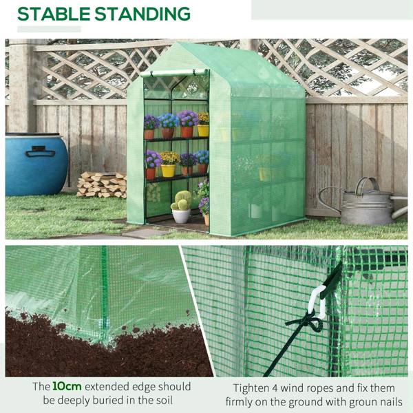 Compact dark green PE greenhouse with zippered door and openable side panels