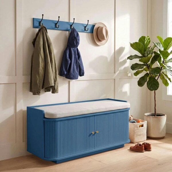 Bobobiy Hallway Storage Unit, Hallway Furniture Set with Shoe Storage Cabinet and 5 Hooks Coat Rack, Blue