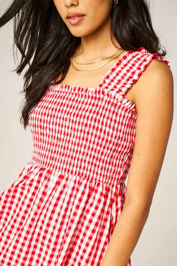 FS Collection Check Print Hem Detail Maxi Dress In Red