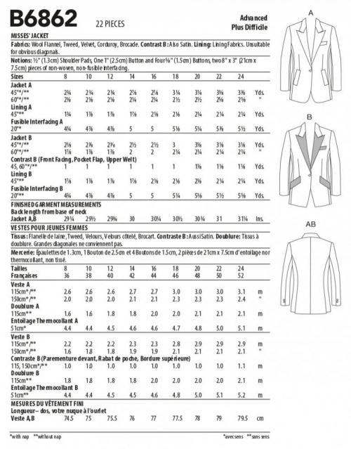Butterick Sewing Pattern 6862, Jackets for Women, B5 (8-10-12-14-16) - Intermediate