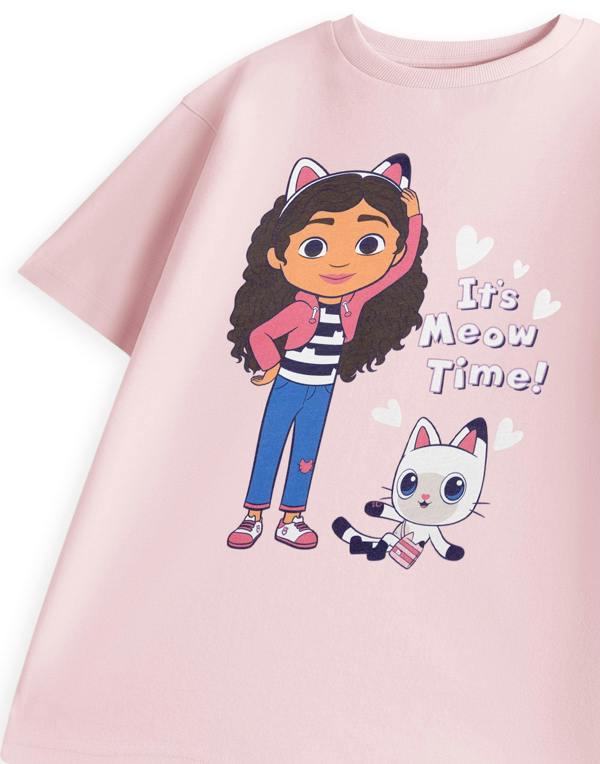 Vanilla Underground Gabby's Dollhouse Girls Pink Its Meow Time Short Sleeved T-Shirt