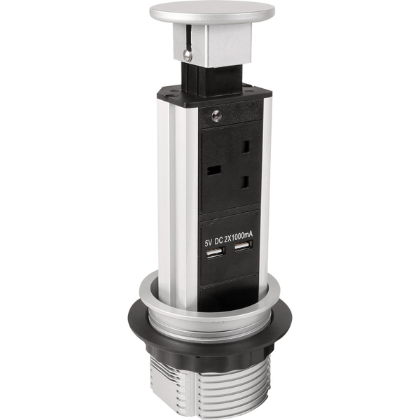 Axiom Pop-Up socket with 1 x 13amp socket and 2 x USB A Sockets