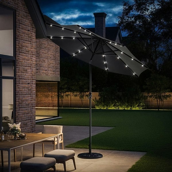 Dark Grey 3m Iron Garden Parasol Sun Umbrella With Solar LED Lights Parasols Living and Home