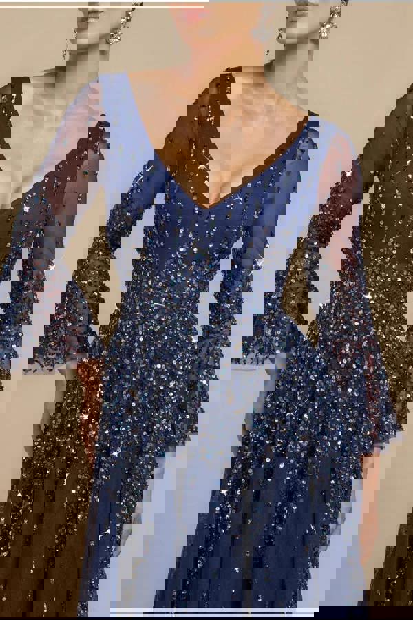Sunray Hand Embellished Sequin A-Line Bell Sleeve Maxi Dress - Navy Blue DR4654