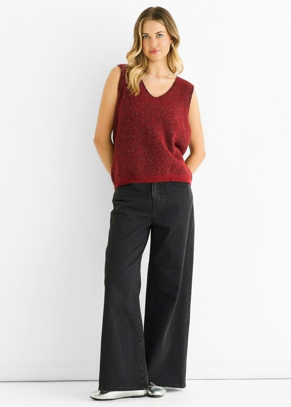 Gini London Red Sequin Sparkle V Neck Vest Knit Jumper