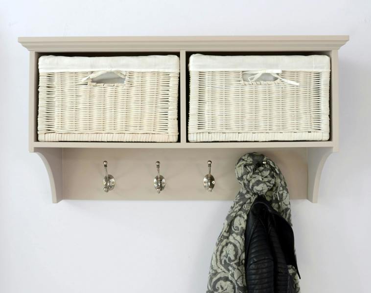 Statement Furniture Tetbury Hanging Shelf with 2 White Wicker Baskets. Wallmounted Coat Rack Assembled