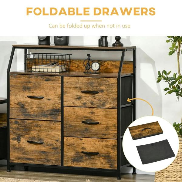 Industrial chest of drawers with open shelf and rustic brown fronts, top frame and drawer handles