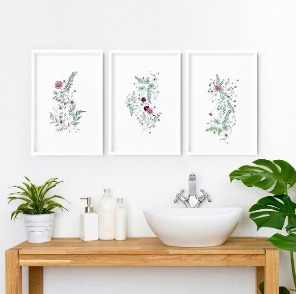 Wall prints bathroom | set of 3 Shabby Chic art prints