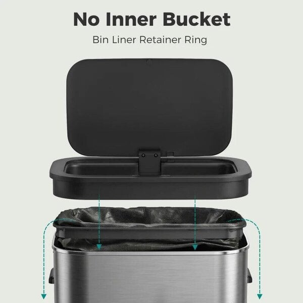 55L Sensor Bin for Kitchen, Touchless Automatic Waste Rubbish Bin, Stainless Steel, Battery Operated, Silver Tone