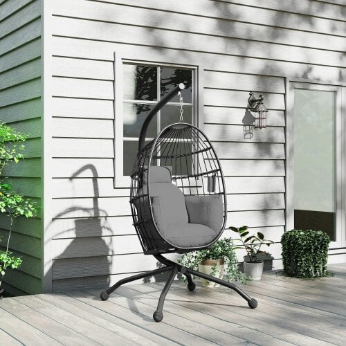 Bobobiy Hanging Egg Chair Garden Swing Chair with Folding Basket and Thickened Cushion, Garden Hanging Chair with Stand, Cup Holder, Dark Grey