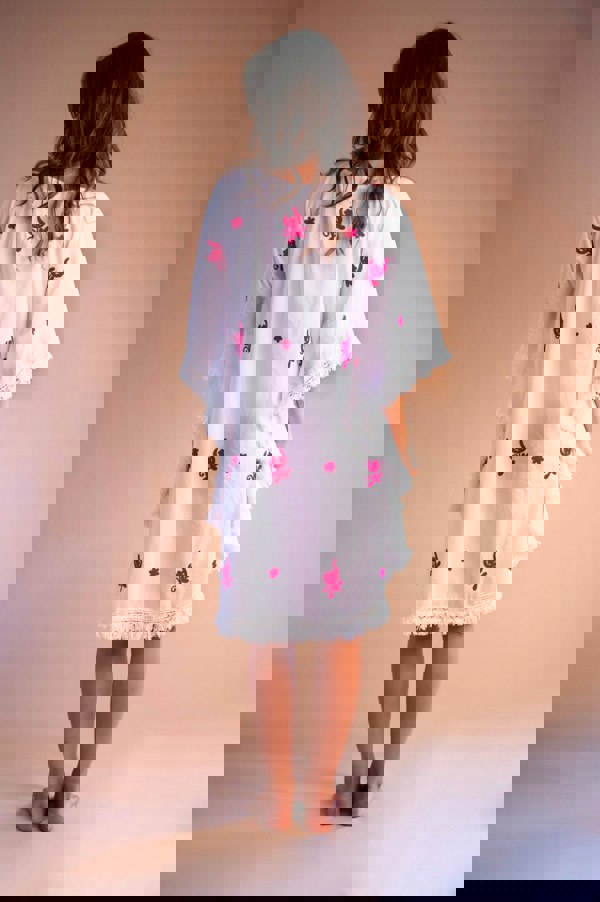 Mykonos Embroidered White Kaftan with Raspberry