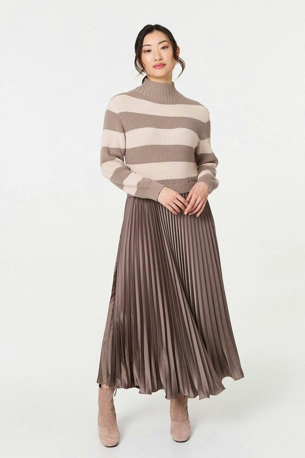 Brown | Striped High Neck Pleat Knit Maxi Dress
