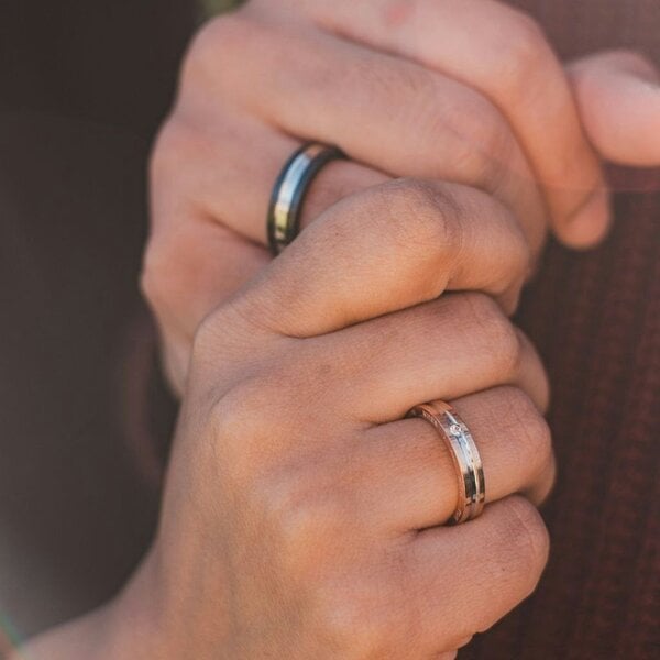 The Colourful Aura Stainless Steel Couple Black Rose Gold Wedding Band Promise Ring Set