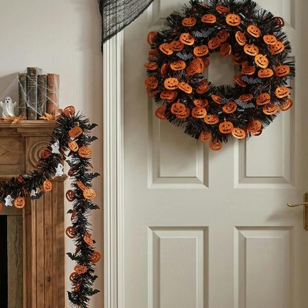Garden Greatness Sparkling Pumpkin Bat Halloween Tinsel Wreath
