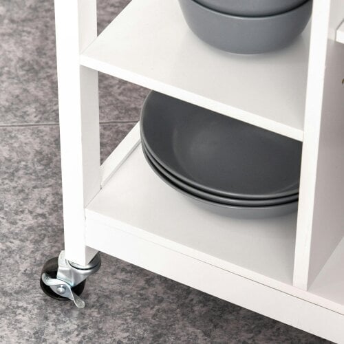 Wyld Haus Yota Wooden White Kitchen Island On Wheels With Wood Top Shelves And Storage Cupboard