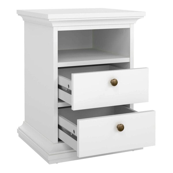 Wyld Haus Osaka Farmhouse White Wooden Bedside Table 2 Drawers 1 Open Shelf