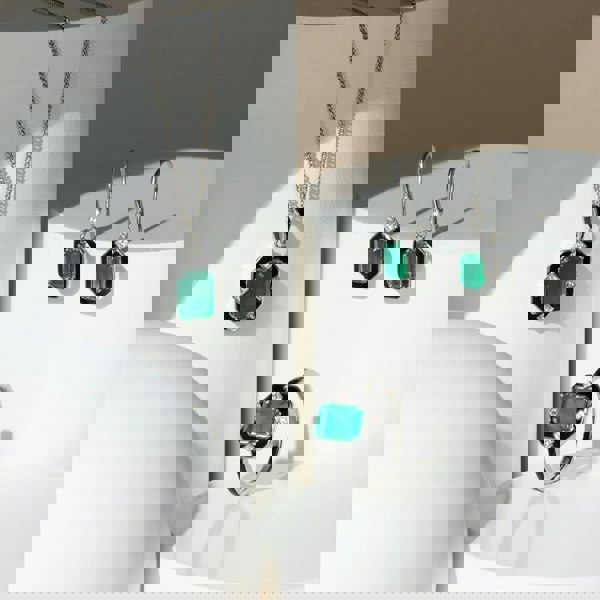 Gemondo Grand Deco Black Enamel, Green Chalcedony & Topaz Drop Earrings in Sterling Silver