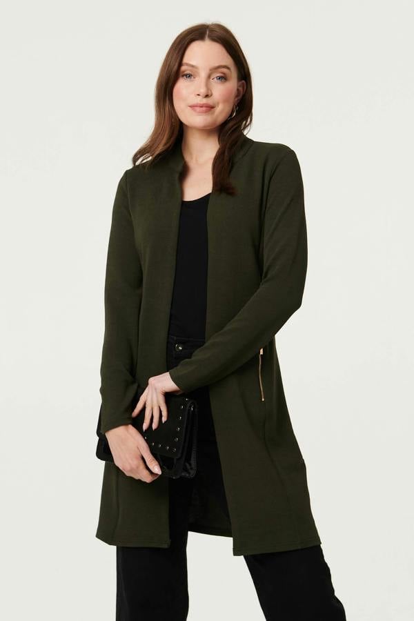 Khaki | Open Front Longline Coatigan : Model is 5'9"/175 cm and wears UK8/EU36/US4/AUS8