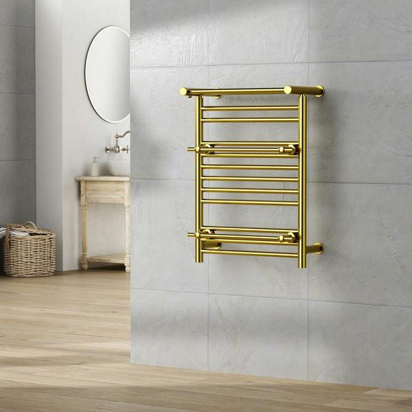 MYHOMEWARE 490mm x 680mm Gold Heated Towel Rail Radiator Top Shelf & Two Towel Holder OSLO For Bathroom