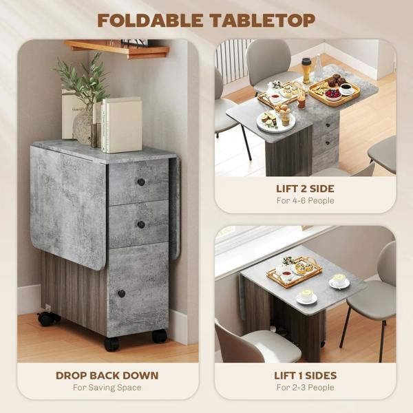 Grey drop-leaf dining table with lift-and-drop tabletop, drawers for storage, on wheels