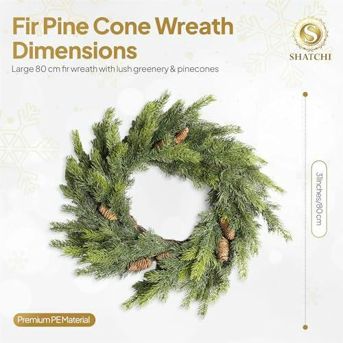 80cm Green Fir Artificial Christmas Wreath with Pine Cones, Realistic PE Finish for Indoor or Sheltered Outdoor Display image 7