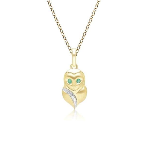 135P2128029 Gardenia Emerald and White Sapphire Owl Pendant Necklace in 9ct Yellow Gold Front