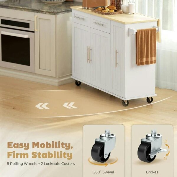 Kitchen Island, Rolling Kitchen Cart with Drop Leaf, Storage Trolley, Pull-out Storage, Drawers and Towel Rack, White