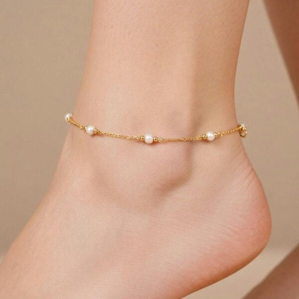 The Colourful Aura Gold Plated Freshwater Pearl Station Anklet Adjustable