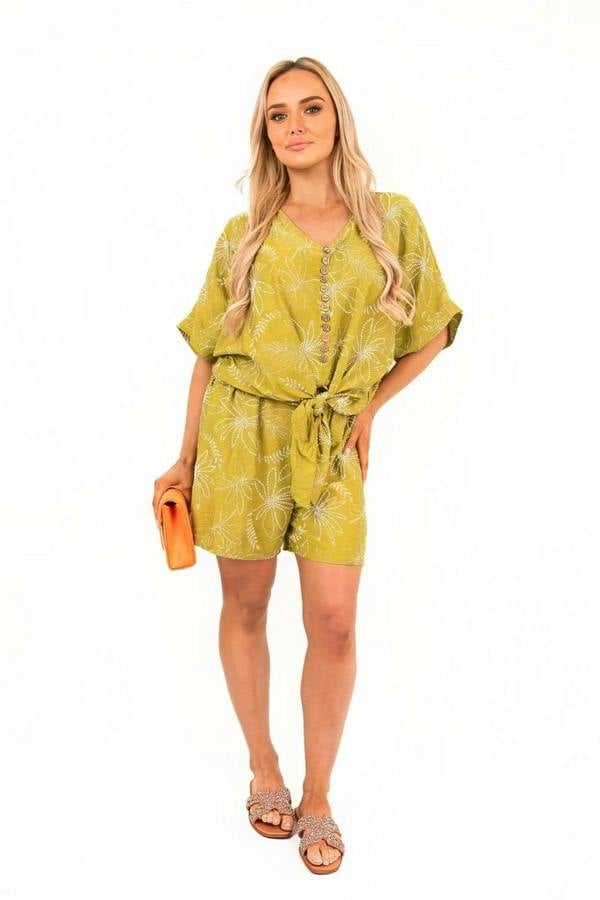 Azaira Button Front Short Sleeve Co-ord Set With Tie Waist - Avocado
