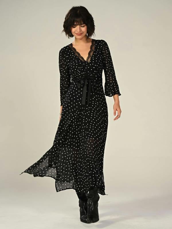 Rose & Nancy Chloe Black Polka Dot Lace Trim Midi Dress