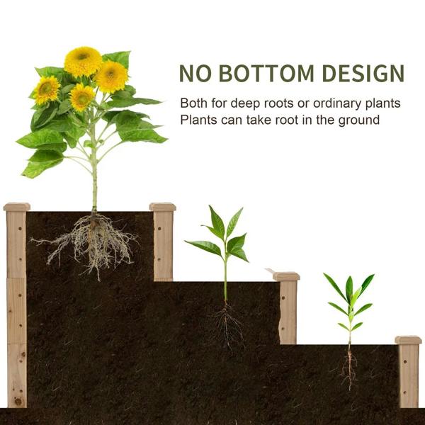Raised garden planter section showing soil and young plants in a timber frame