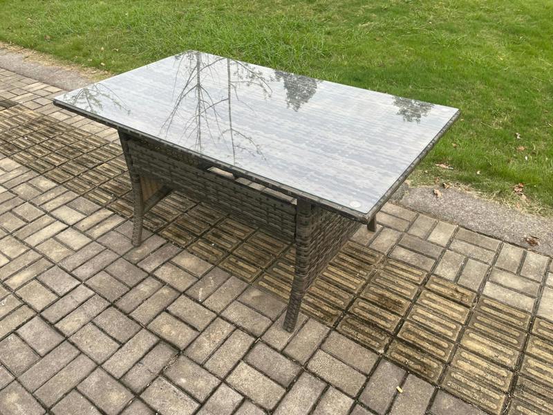Fimous 8 Seater Rattan Garden Set, Patio Outdoor Lounge Sofa, Dining Table, Double Seat Sofa, Side Table and 2 Small Footstools, Dark Grey Mixed