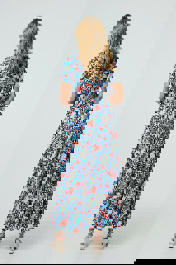 Blue | Floral Short Sleeve Maxi Smock Dress
