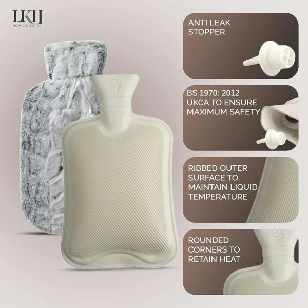 LKH HOME COLLECTION Hot Water Bottle with Cover UK 2L with Faux Fur Pom Poms For Period Pain Relief Leak Resistant BPA Free Hot Bottle