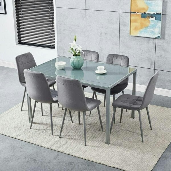 Kosy Koala Modern Rectangle Grey Glass Dining Table Set With 6 Grey Velvet Chairs Dining Room Furniture