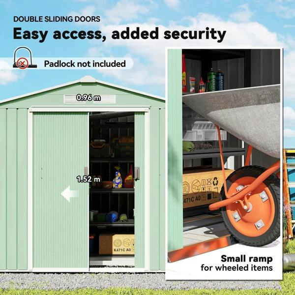Light green metal garden shed with double sliding doors for lockable access