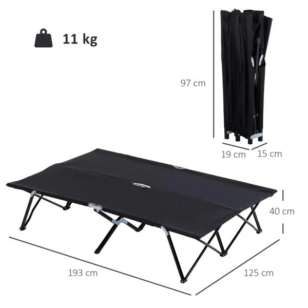 Black double camping cot, 193 x 125 cm, with carry bag, 11 kg