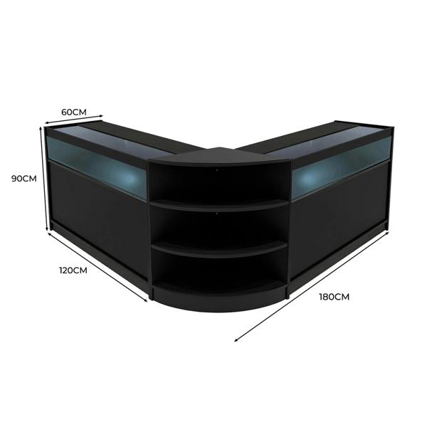 Theseus LED Shop Counter Set in black, featuring sleek glass displays, curved edges, and ample shelving for storage and display