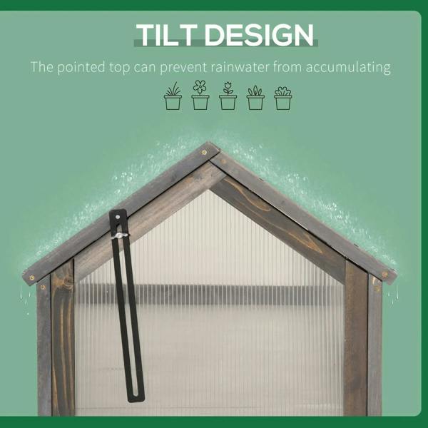 Cold frame greenhouse with pointed tilt roof and hinged open cover