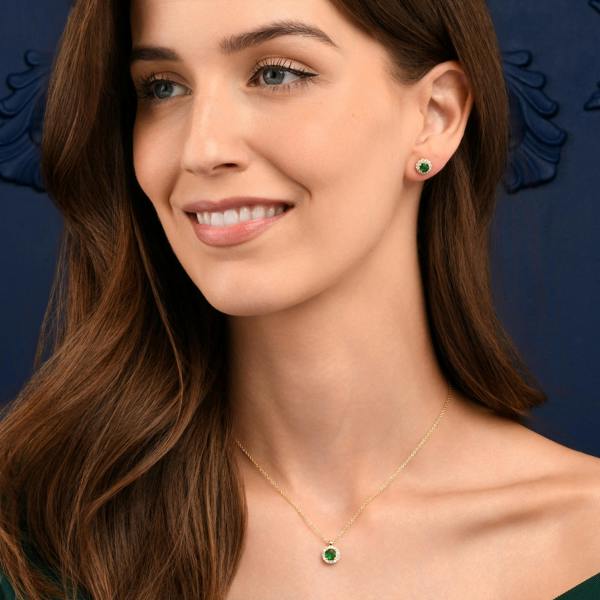 namana Gold Plated Sterling Silver Green Cubic Zirconia Round Halo Pendant Necklace