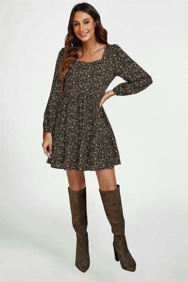 FS Collection Little Floral Print Square Neck Mini Dress In Black