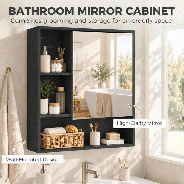 Bathroom Mirror Cabinet, Wall-Mounted Bathroom Cabinet with Mirror Door, Adjustable Shelves, Black