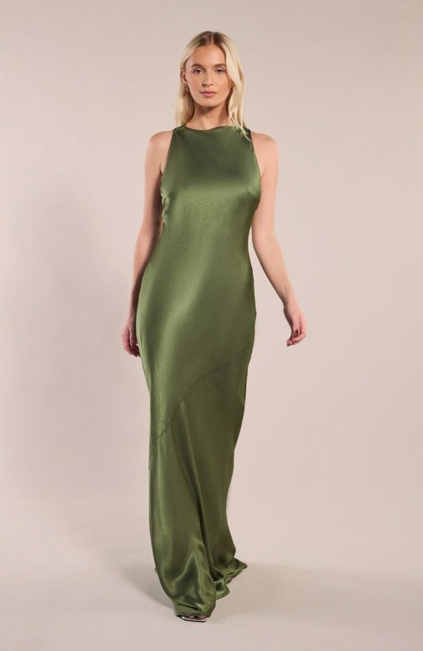 Rewritten London Paris Dress in Olive Green Viscose Satin