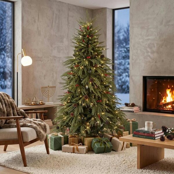 Bobobiy 6ft Artificial Christmas Tree with Pinecones, Red Berries, Hinged Predecorated Xmas Tree with 2843 Branch Tips