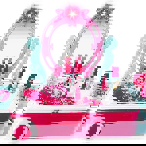 deAO Toys 2-in-1 Portable Vanity Dressing Table and Convertible Suitcase Role Play Set with Accessories Included