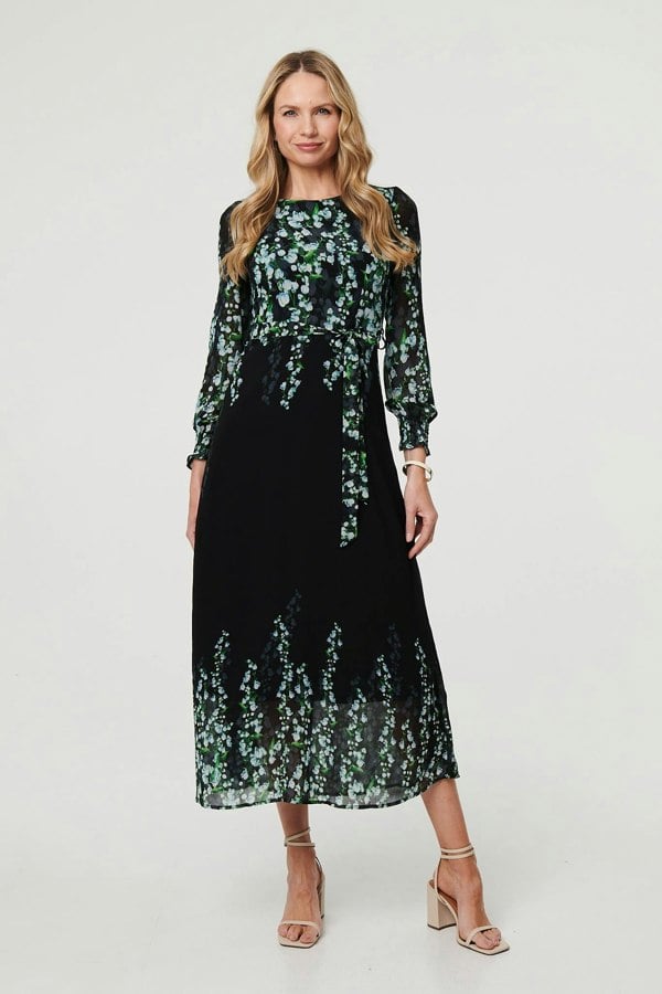 Black | Floral Long Sleeve Chiffon Maxi Dress
