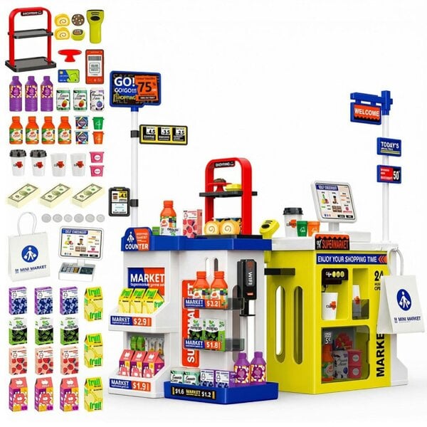 deAO Toys Kids Supermarket & Cafe Playset Blue– 67PCS Ages 3+