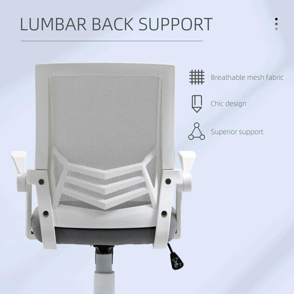 Grey mesh mid-back office chair with lumbar support panel, padded seat, flip-up armrests